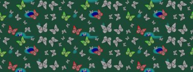 Bahar ve yaz tasarımı için renkli bir arkaplan. Raster renkli sonsuz doku. Elle çizilmiş illüstrasyon. Kelebeklerle çizim yapın.