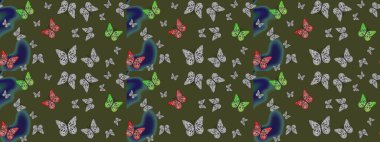 Kumaş, kağıt, ambalaj kâğıdı ve duvar kağıdı tasarımı için hoş bir arka plan. Yeşil. Kelebeklerle çizim yapın.