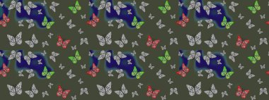 Yeşil kelebekler. Kumaş, kağıt, ambalaj kâğıdı ve duvar kağıdı tasarımı için harika bir arka plan. Egzotik hayvanlar. Robot resim. Raster illüstrasyonu.