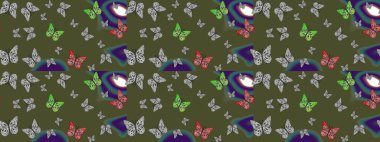 Kumaş, tekstil, baskı ve davetiye. Robot resim. Yeşil soyut arka planda gece kelebekleri. Raster illüstrasyonu.