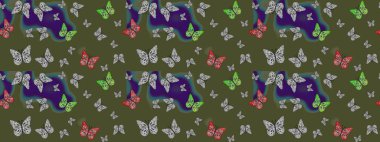 Yeşil üzerinde sevimli kelebekler. Raster illüstrasyonu. Renkli kelebeklerin eskiz geçmişi. Ambalaj kağıtları ve duvar kağıtları için güzel bir arkaplan, kumaş tasarımı, kağıt..