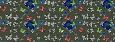 Elle çizilmiş kelebeklerle. Renkli romantik kelebekler eskizler çiziyor. Yeşil renklerin soyut arkaplanı. Dekoratif Raster illüstrasyonu.
