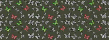 Kelebeklerle dolu renkli bir halk eskizi çizimi. Davetiye, kart ve parmak izi için basit şirin bir model. Yeşil arka planda renkli kelebek.