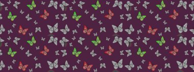 Dekoratif Raster çizimi. Kahverengi renklerin soyut arkaplanı. Renkli romantik kelebekler eskizler çiziyor. Elle çizilmiş kelebeklerle.