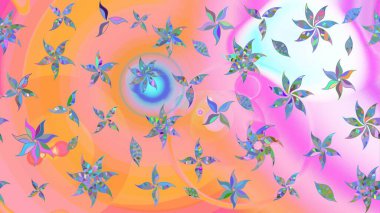 Raster illüstrasyonu. Pembe ve turuncu renkli şirin çiçekler. Küçük çiçekli basit bir çiçek çizimi. Moda baskısı, albüm, ambalaj kağıdı, duvar kağıdı için zarif dekoratif süslemeler..