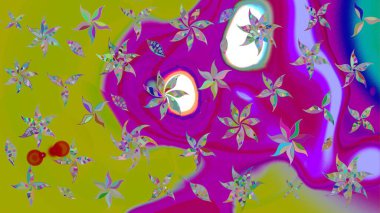 Suluboya tarzında yeşil ve mor renklerde. Raster illüstrasyonu. Küçük çiçekli bahar deseni çiz.