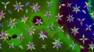 Robot resim. Raster illüstrasyonu. Şirin çiçek elementleri. Yeşil ve mavi renkte çiçekler.