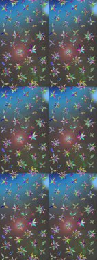 Çok renkli ve mavi zarif küçük çiçekler ve gri ve mavi renkli komik böcekler, raster deseni, illüstrasyon.