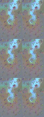 Eski usul. Renkli desenli eskiz deseni, gri ve mavi çiçekler ve dekoratif elementler. Kumaş, tekstil, duvar kağıdı baskısı için. Raster illüstrasyonu. Taslak arkaplan.