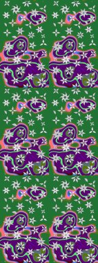 Desen, çizim, çiçek sınırı. Güzel, parlak, pürüzsüz kumaş, tuval. Kıvırcık, parlak örgü. Çiçek çelengi. Eski moda arka plan. Raster illüstrasyonu.