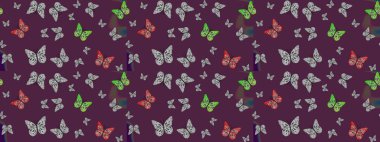 Kahverengi arka planda renkli bir kelebek. Davetiye, kart ve parmak izi için basit şirin bir model. Kelebeklerle dolu renkli bir halk eskizi çizimi..