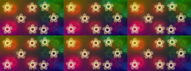 Kar tanesi süsü Raster illüstrasyonu. Kar taneleri izole edildi. Kahverengi, yeşil ve mor renkli kar tanesi süsü. Güzel süs eşyası..