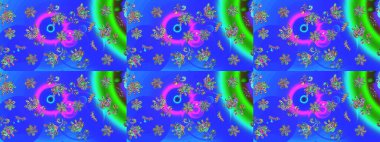 Mavi, yeşil ve mor kar taneleri. Kar tanelerinin soyut arkaplanlı Noel şablonu. Raster illüstrasyonu. Renkler. Noel ve Yeni Yıl moda baskıları için tatil tasarımı.