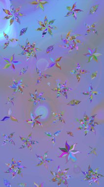 Patlayan çiçekler soyut olarak yerleştirilmiş. Raster deseni. Raster illüstrasyonu. Mor ve mavi renklerde bahar çiçekleri..