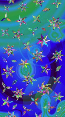 Mavi ve yeşil renkli çiçekler. Tropik çiçekler. Gömlek çizimi Arkaplan Deseni.