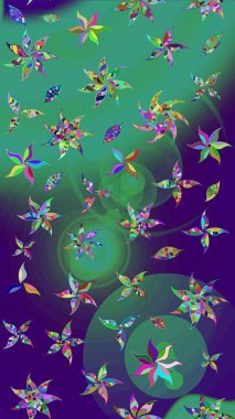 Çiçekli el çizimi çizimi deseni. Modern gelişim mavi ve yeşil raster arkaplan duvar kağıdı resimleme klasik çizgili iz sürme desenli çiçekler, çiçekli süsler.