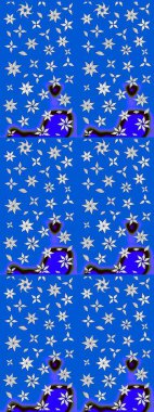 Halk tarzı. Modern çiçek arkaplanı. Parlak renkli çiçekleri olan ve mavi ve nötr renklerde yaprakları olan harika bir çiçek deseni. Moda baskıları için zarif bir şablon.