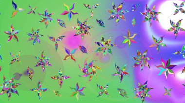 Yumuşak, yeşil ve mor renkli yaz çiçekleri. Çiçekli karalama şeklinde Raster çiçek deseni. Raster illüstrasyonu.