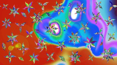 Suluboya çizimi. Çiçekli eskiz deseni. El çizimi. Mavi ve turuncu renkte çiçekler.