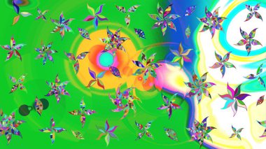 Yeşil ve mavi renkte çiçekler. Renkli Bahar Teması eskiz kalıbı. Düz Çiçek Elementleri Tasarımı. Çiçek desenli eskiz, yaz çiçekleri..