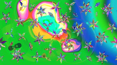 Düz Çiçek Elementleri Tasarımı. Yeşil ve mavi renkte çiçekler. Renkli Yaz Temalı eskiz kalıbı. Raster illüstrasyonunda çiçek deseni çizimi.