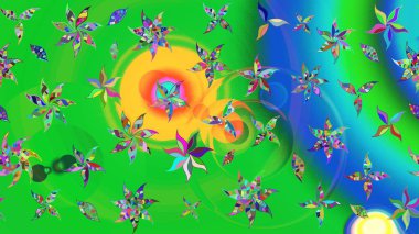 Raster illüstrasyonu. Çiçek arkaplan. Renkli çizim kalıbı. Çiçek duvar kâğıdı. Yeşil ve mavi renkli şirin tekstil.