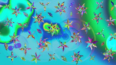 Raster. Mavi ve yeşil renkli güzel çiçekli eskiz deseni, suluboya çiçek deseni, duvar kağıdı, kart veya kumaş için fayanslı.