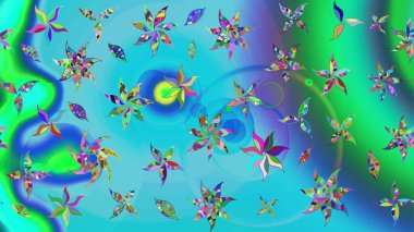 Dallı bahar çiçekleri ile desen, mavi ve yeşil renkler ile çiçek silueti. Raster deseni.