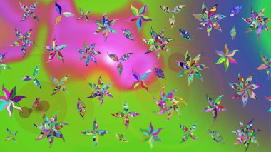 Raster illüstrasyonu. Şirin çiçekli eskiz deseni ve yeşil ve mor renkli yapraklar, suluboya çiçek deseni, duvar kağıdı, kart veya kumaş için fayanslı.