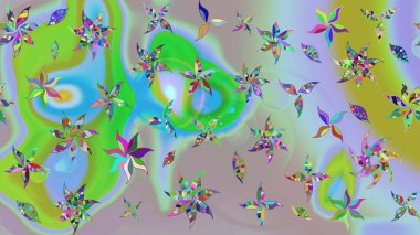 Halk tarzı. Modern çiçek arkaplanı. Rengarenk çiçekleri ve yaprakları tarafsız ve mavi renklerde olan harika bir çiçek deseni. Moda baskıları için zarif bir şablon.