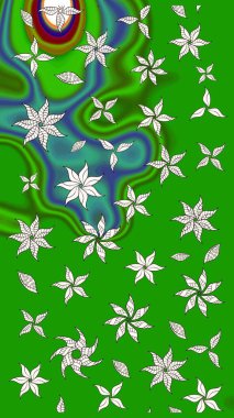 Bir sürü yeşil ve nötr soyut çiçekli tropik eskiz deseni. Varicologreen ve nötr raster çizimi. Küçük çiçekte sevimli çiçek deseni var..