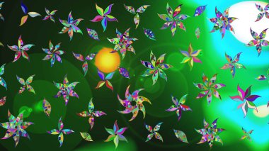 Raster illüstrasyonu. Yumuşak, bahar çiçekleri yeşil ve mavi renklerde. Çiçek ve yapraklı karalama şeklinde Raster çiçek deseni.