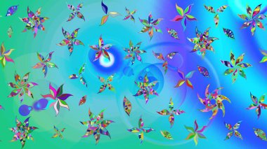 Mavi ve yeşil renkli çiçekler. Raster illüstrasyonu. El çizimi çiçekli soyut çizim deseni.