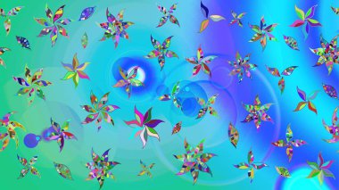 Çiçek süslemeli çizim deseni. Raster illüstrasyonu. Mavi ve yeşil renkte çiçekler.