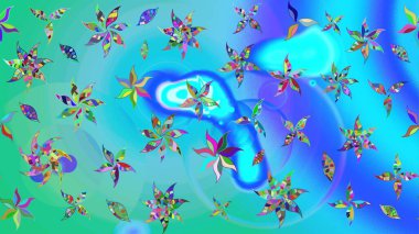 El çizimi çiçek unsurları olan soyut çizim raster deseni. Çiçekli ipek eşarp. Mavi ve yeşile mavi ve yeşil. 1950-1960 motifleri. Retro tekstil tasarım koleksiyonu.