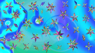 Raster çiçekleri klasik tarzda çizilmiş. Raster illüstrasyonu. Çiçekli yumuşak bir eskiz şekli. Mavi ve yeşil renklerde bahar çiçekleri..