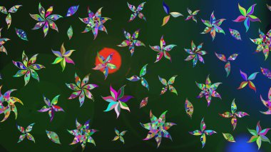 Raster illüstrasyonu. Şirin çiçek elementleri. Mavi ve yeşil renkli çiçekler. Çizim.