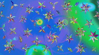 Mavi ve yeşil renkli çiçekler. Bahar mevsimi. Nazik romantik baskı. Tatil havası. Raster güzel bir çiçek deseni çiziyor..