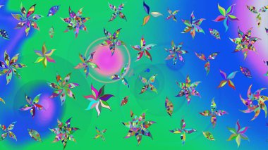 Raster illüstrasyonu. 3D çiçekler, eskiz. Mavi ve yeşil renklerde.