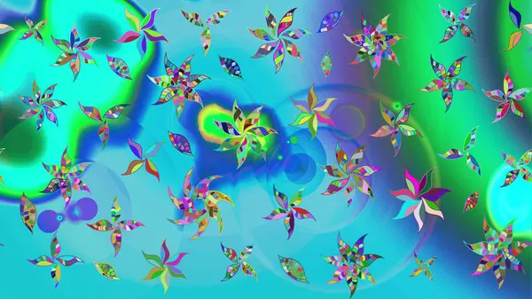 Raster. Mavi ve yeşil renkli güzel çiçekli eskiz deseni, suluboya çiçek deseni, duvar kağıdı, kart veya kumaş için fayanslı.