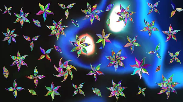 Raster - stok. Yapraklı çiçekler ve kır ve mavi renkli papatya çiçekleri. Taslak arkaplan deseni.