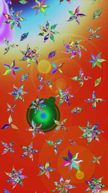 Çiçeksel turuncu ve kırmızı çizim deseni. Raster Yumuşak kumaş deseni. Raster çiçek izi. Klasik taslak çizimi.