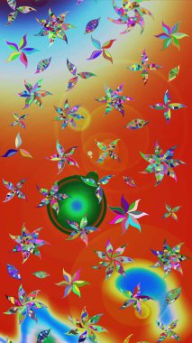 Raster illüstrasyonu. Çiçek duvar kâğıdı. Renkli çizim kalıbı. Çiçek arkaplan. Turuncu ve kırmızı renkli şirin tekstil.