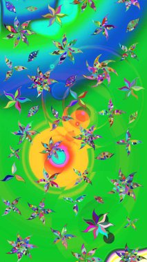 Yeşil ve mavi renkte çiçekler. Küçük çiçekte sevimli çiçek deseni var..