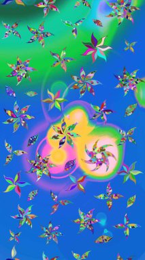 Raster illüstrasyonu. Robot resim. Şirin çiçek elementleri. Mavi ve yeşil renkte çiçekler.