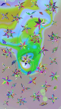 Raster illüstrasyonu. Çiçek desenli çizim. Tarafsız ve yeşil renklerde çiçekler. Raster illüstrasyonu. Asya tekstil tarzında.