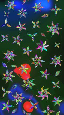 Çiçekler. Vadinin çiçekleri mavi ve yeşil renklerde. Soyut etnik raster çizim kalıbı.