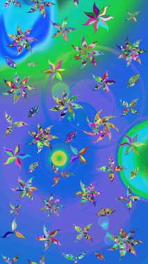 Suluboya resim taklit Raster çizimi. Mavi ve yeşil renkler. El çizimi, soyut ve süslü elementler. Klasik çiçekler. Yaz çiçekleri teması.