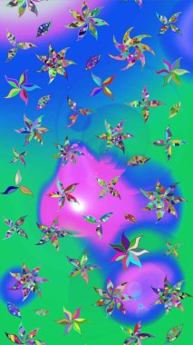 Çiçeksel çizim kalıbının yansıması. Vadinin çiçekleri mavi ve yeşil renklerde.