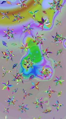 Kumaş, tekstil, duvar kağıdı baskısı için. Renkli desenli eskiz deseni, gri ve nötr çiçekler ve dekoratif elementler. Eskiz geçmişi. Raster illüstrasyonu. Antika retro tarzı.